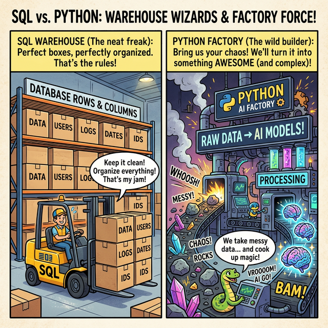 SQL 지게차와 파이썬 만능 공장의 비유 웹툰